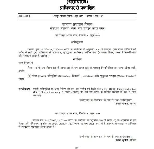 छत्तीसगढ़ सरकार का बड़ा फैसला: सरकारी कर्मचारियों और अधिकारियों के शेयर बाजार में निवेश पर रोक
